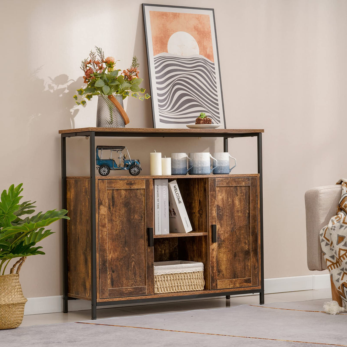 usikey Storage Cabinet with 2 Doors, Buffet Cabinet, Kitchen Cabinet with Adjustable Shelves, Open Compartment, Storage Sideboard, for Dining Room, Living Room， Rustic Brown usikey