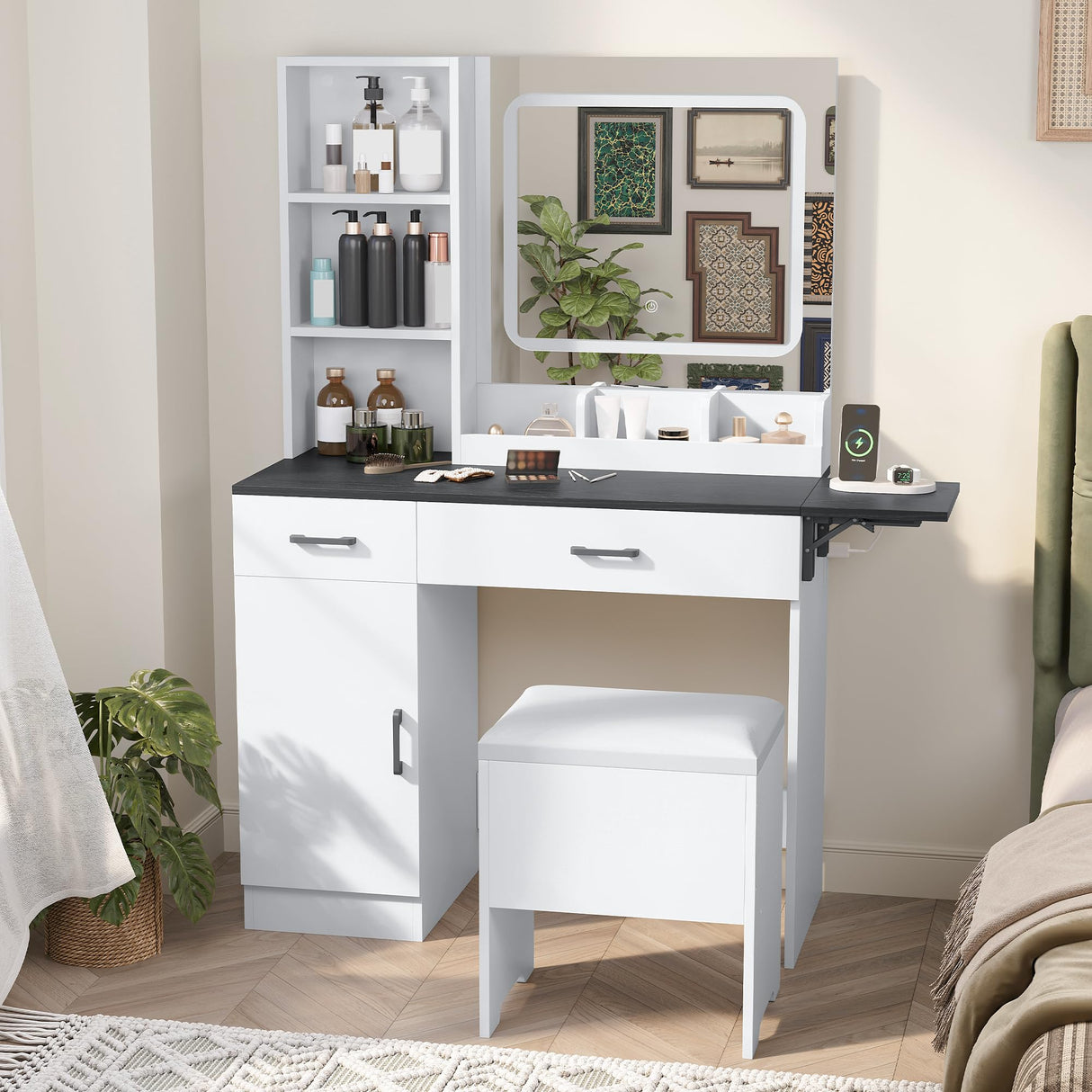 Esmlada Large Vanity Desk with Mirror and Light, Makeup Vanity Table and Cushioned Stool Set, Bedroom Dressing Table with Charging Station and 3 LED Light Modes Brown Esmlada