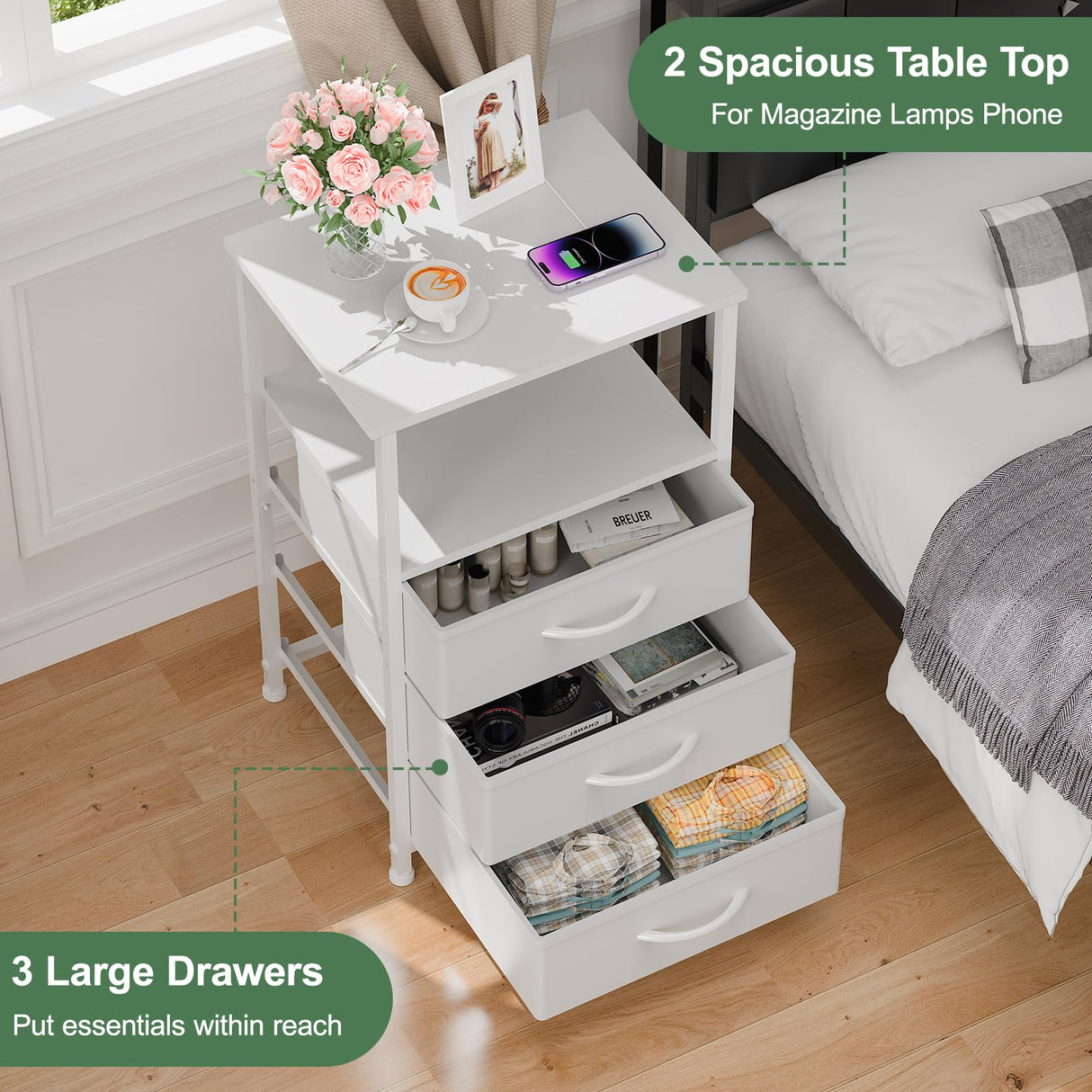 Dicasser Nightstand with Drawers,White NightStand with LED Light, Bedside Table with 3 Fabric Drawers for Bedroom, Modern Night Stand for Small Spaces,White Dicasser