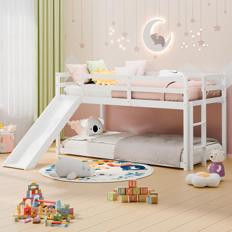 MU Twin Bunk Bed with Slide, Wood Low Bunk Bed Frame with Climbing Ladder & Safety Guard Rail, Floor Loft Bed with Lower Storage Space for Kids Toddler, White MU