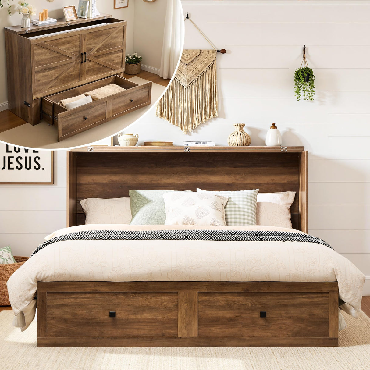 LUXOAK Queen Murphy Bed with Storage and Charging Station, Farmhouse Cabinet Bed, Noise-Free, for Guest Room, Apartment, or Office, Barnwood LUXOAK