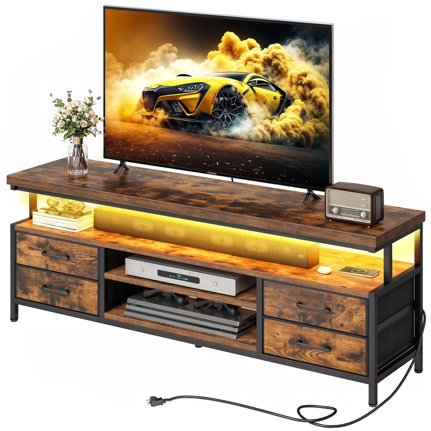 YITAHOME LED TV Stands for Living Room, TV Stand for 70/65 inch TV, Entertainment Center with Storage,LED TV Stand with 4 Fabric Drawers,Modern Industrial TV Console Cabinet,Retro Brown