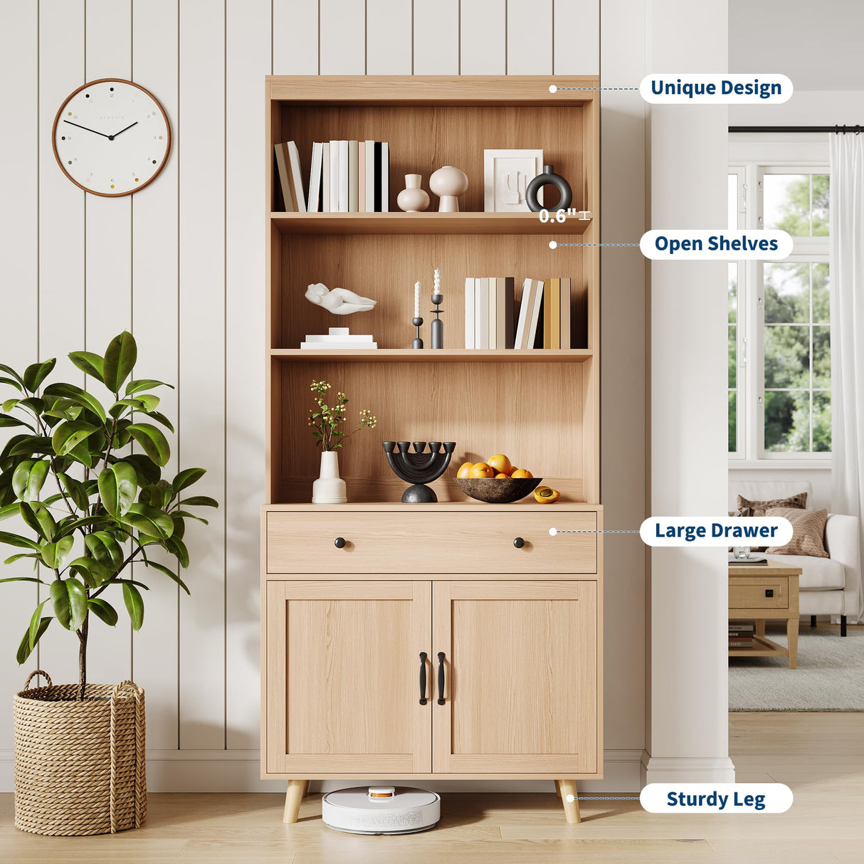 GarveeHome Tall Bookshelf with Storage Cabinet, 72.4" Wood Bookcase with Doors, Drawer & Open Shelves, Freestanding Display Bookshelves for Home Office, Living Room, Bedroom, Kitchen GarveeHome