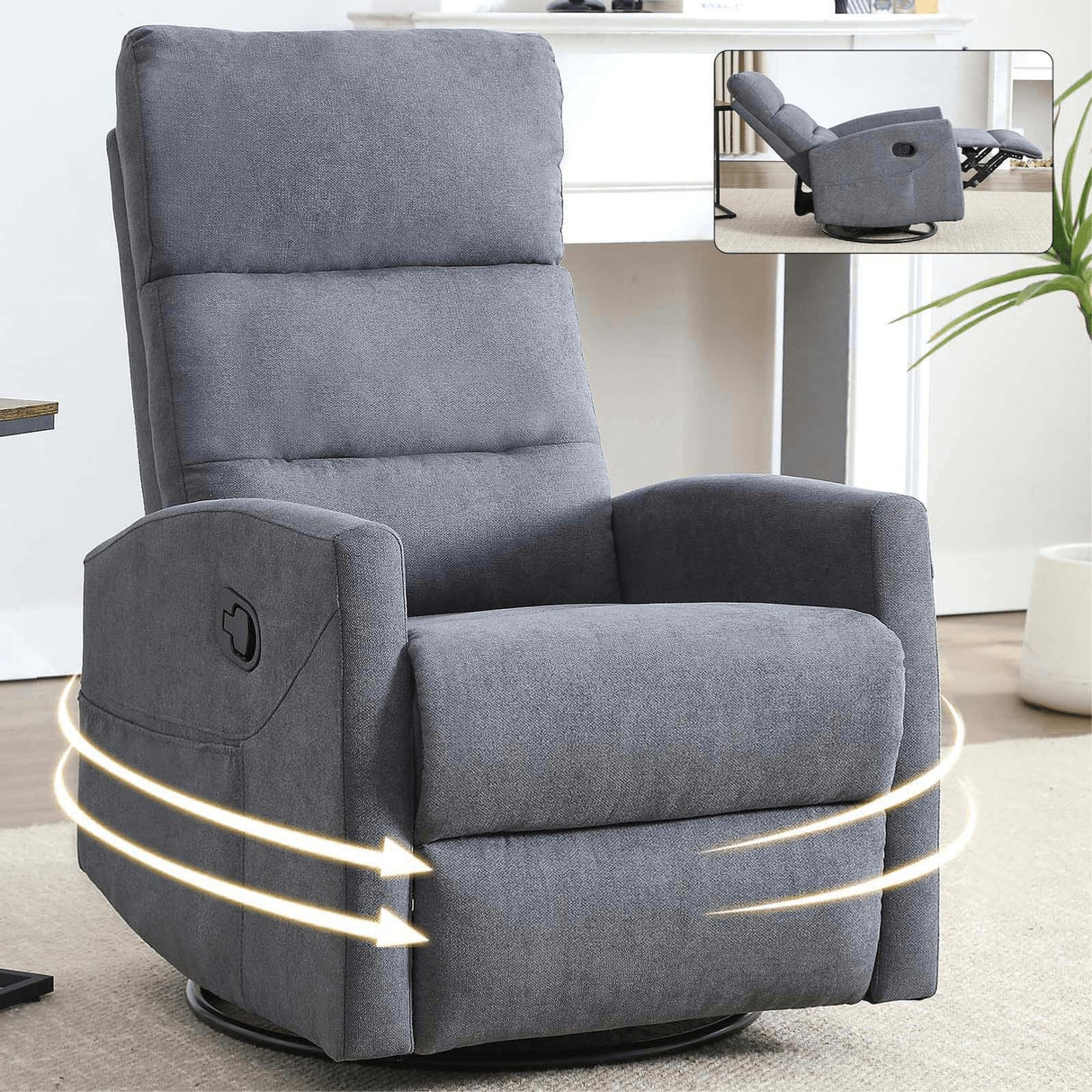 360° Swivel Rocker Recliner Chairs for Adults, Manual Nursery Glider Chair with Side Pockets and High Back, Small Lazy Boy Rocker Recliner for Small Spaces, Living Room, Bedroom (Drak Grey+Fabric) YskdhfczQ