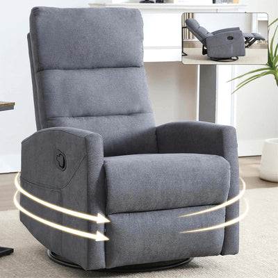 360° Swivel Rocker Recliner Chairs for Adults, Manual Nursery Glider Chair with Side Pockets and High Back, Small Lazy Boy Rocker Recliner for Small Spaces, Living Room, Bedroom (Drak Grey+Fabric)