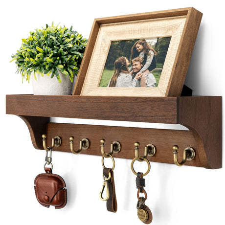 Rebee Vision Farmhouse Key Holder for Wall - Decorative Wooden Mail Organizer with 5 Rustic Key Hooks and Floating Shelf for Home Decor, Hallway, Entryway, Appartment (Retro Brown) Rebee Vision