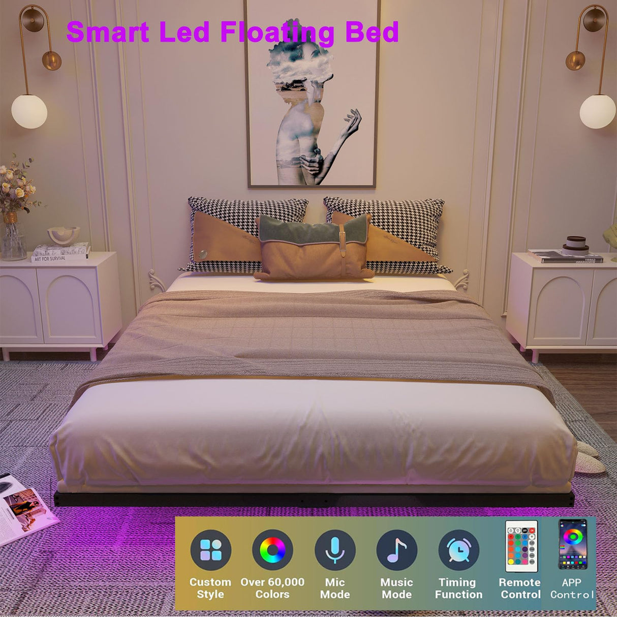 Muluflower King Size Floating Bed Frame with LED Lights and Convenient Charging Station Muluflower