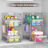 Clear Bathroom Organizers 2 Sets 3 Tier, Pull Out Organizer and Storage with 2 Cups, Slide Out Drawer Storage Container with 6 Dividers, Multi-Purpose Bathroom Organizer, Kitchen Under Sink Organizer WAKISA