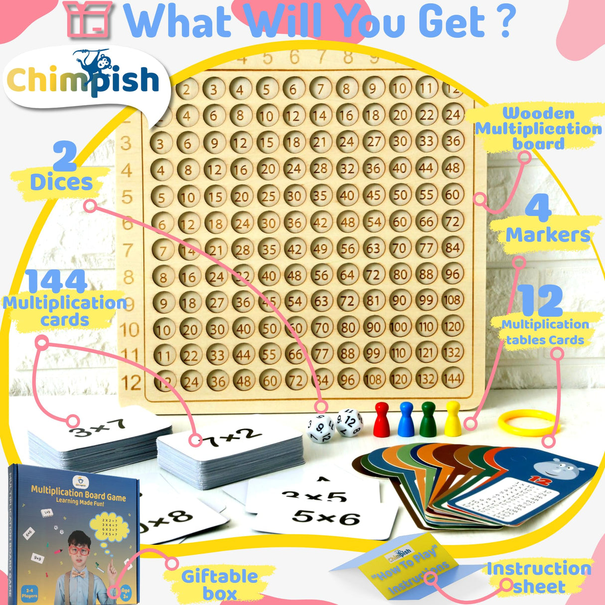 Chimpish Multiplication Games, 12x12 Wooden Montessori Multiplication Board Game, Larger Size Times Table, Montessori Math Learning Materials, Educational Toy for Toddlers, Preschool Gifts for Kids Chimpish