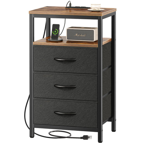 Huuger Nightstand with Charging Station, 27.6 Inch Side Table with Fabric Drawers, End Table Bedside Table with USB Ports and Outlets, Night Stand for Bedroom, Rustic Brown and Black Huuger