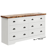 LIKIMIO 59" 6 Drawers Dresser for Bedroom, Power Strip, Farmhouse Large Wood Dressers & Chest of Drawers with Wide Storage Cabinet, Rustic Brown & White LIKIMIO