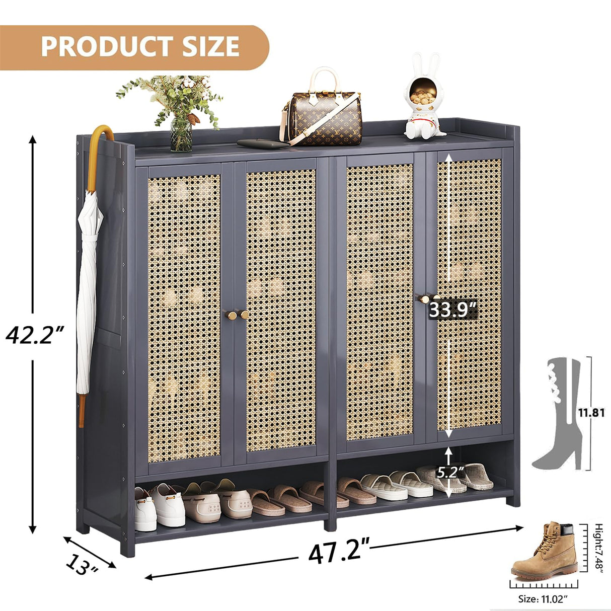 sasygfi Bamboo Shoe Storage Cabinet with Doors, 8 Tier Freestanding Shoes Heels Sneakers Shoe Rack Shelf for 36-40 Pairs, Entryway Shoe Cabinet with Drawers for Hallway Living Room (Grey, 8th floor) sasygfi