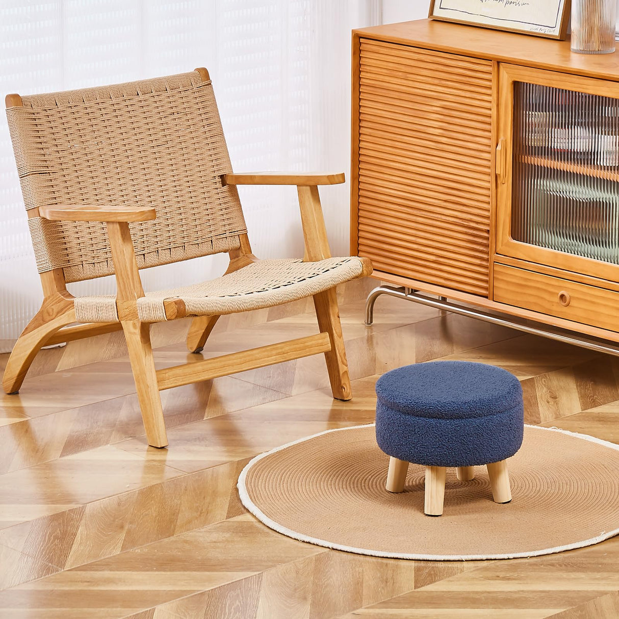 Wimarsbon Storage Ottoman, Modern Round Footrest with Soft Padded Seat, Teddy Velvet Footstool with Wood Legs, Accent Small Table or Plant Stand for Hallway, Living Room (Grey-Blue) Wimarsbon