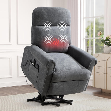 HAOMARKETS Power Lift Recliner Chair with Massage and Heat for Elderly, Electric Recliners with Remote Control,Soft Fabric Upholstered Reclining SingeSofa with Side Pocket for Living Room, Grey HAOMARKETS