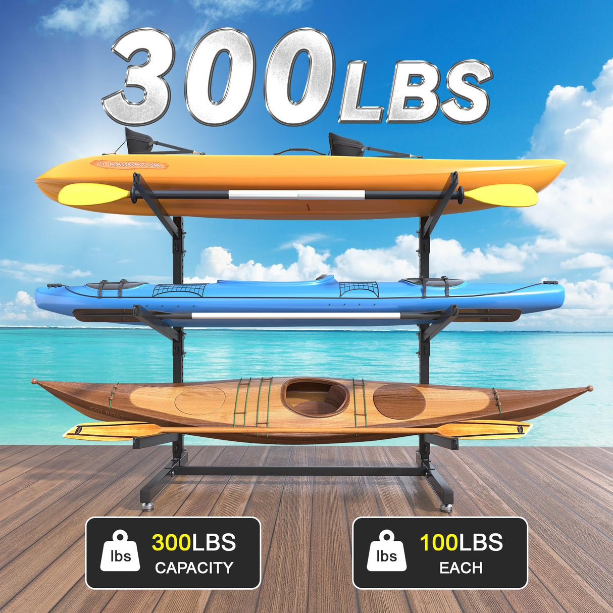 LotFun Kayak Storage Rack, Freestanding Heavy Duty Adjustable Kayak Stand Indoor Outdoor Storage Rack Garage, with Wheels and Foot Pad, for Kayaks, SUPs, Canoes, Surfboard(3 Levels) LotFun