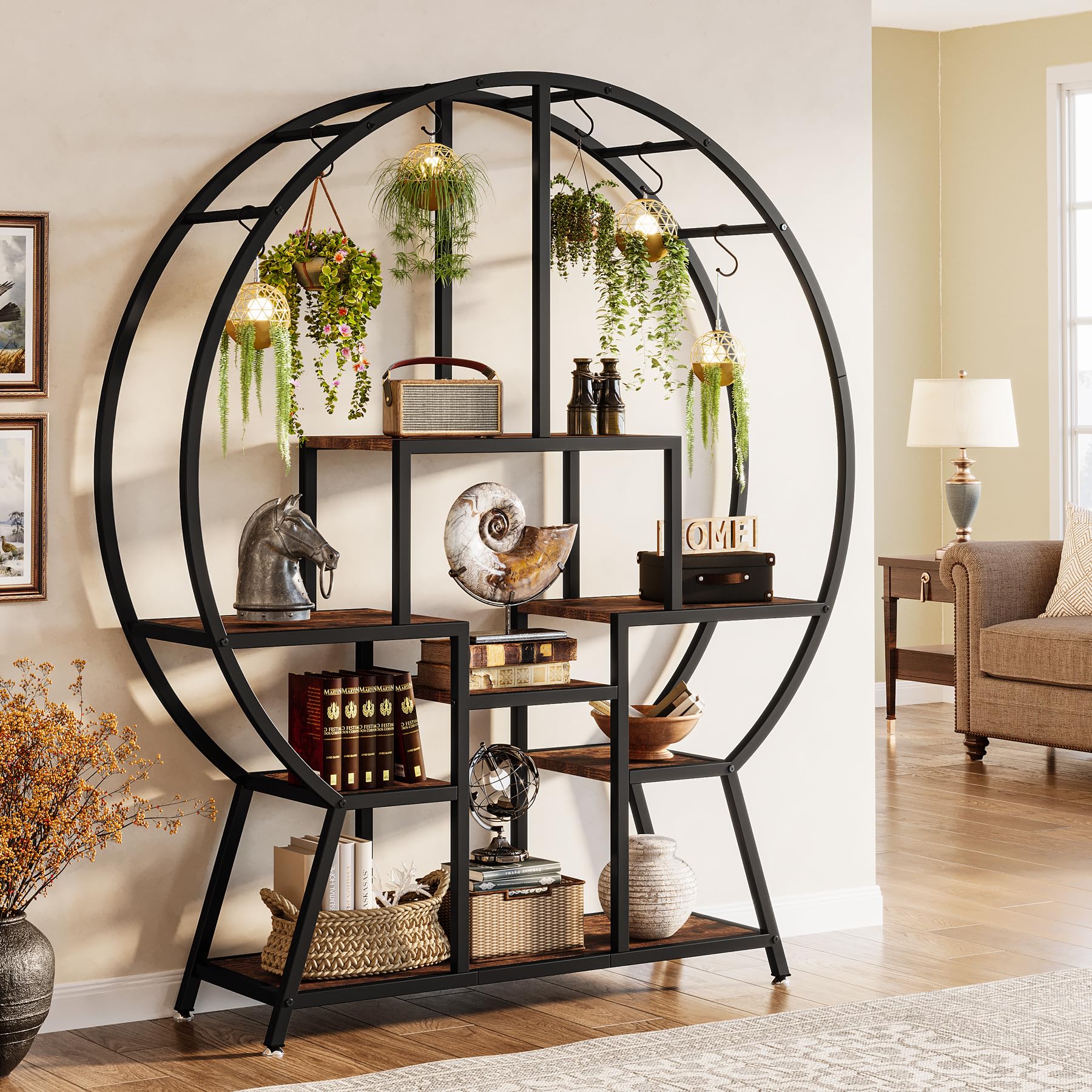 Tribesigns 65" Industrial Round Bookshelf with 7-Tier Wooden Shelves and Hooks for Stylish Storage - WoodArtSupply