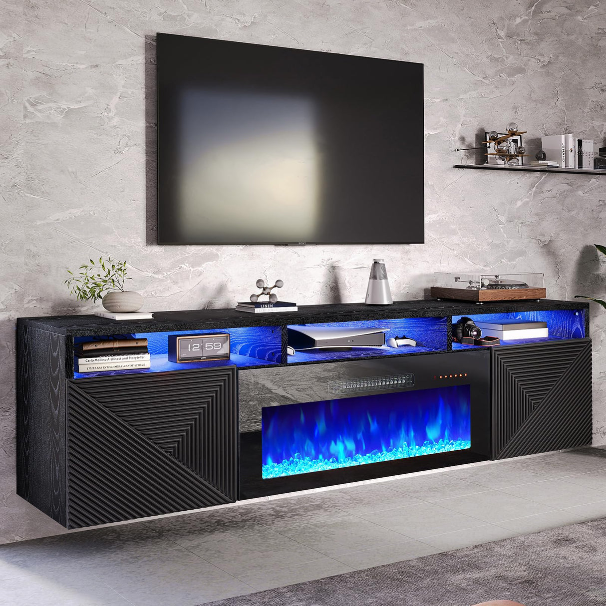 AMERLIFE Floating TV Stand with 40" Electric Fireplace, Modern Wall Mounted Entertainment Center with Storage, 80in Media Console with High Gloss Geometric Doors for TVs Up to 90", Black AMERLIFE