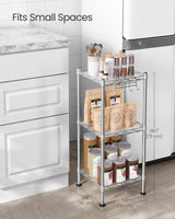 SONGMICS 3-Tier Bathroom Shelf, Storage Rack for Small Space, with 3 PP Shelf Liners, Removable Hook, Extendable Design, Silver and Translucent ULGR103E01 SONGMICS