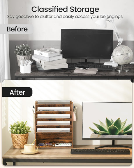 CHOEZON Wall File Organizer, 6-Tier Vertical Mount Hanging Holder with 2 Side Hooks, Vintage Wooden Magazine Storage Crate with Bottom Flat Tray, Desk Organizer, for Office, Home, Rustic Brown MWJ01FG CHOEZON