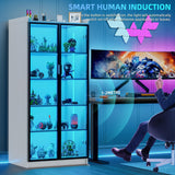 Lvifur 66" Tall Storage Cabinet, LED Kitchen Pantry Cabinet with Human Body Induction, 5 Tier Bookcase Display Cabinet with Adjustable Shelves for Living Room Office (White) Lvifur