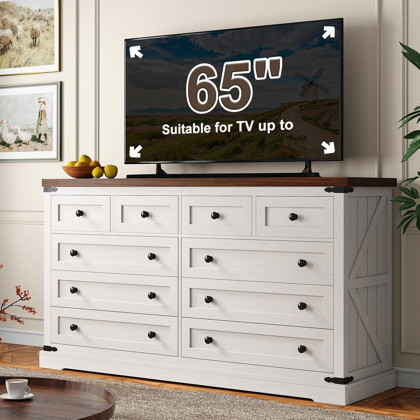 EnHomee 10 Drawer Dresser for Bedroom, Wood Dressers & Chest of Drawers for Bedroom, Hallway, Antique White,15" D x 55" W x 35.6" H - WoodArtSupply