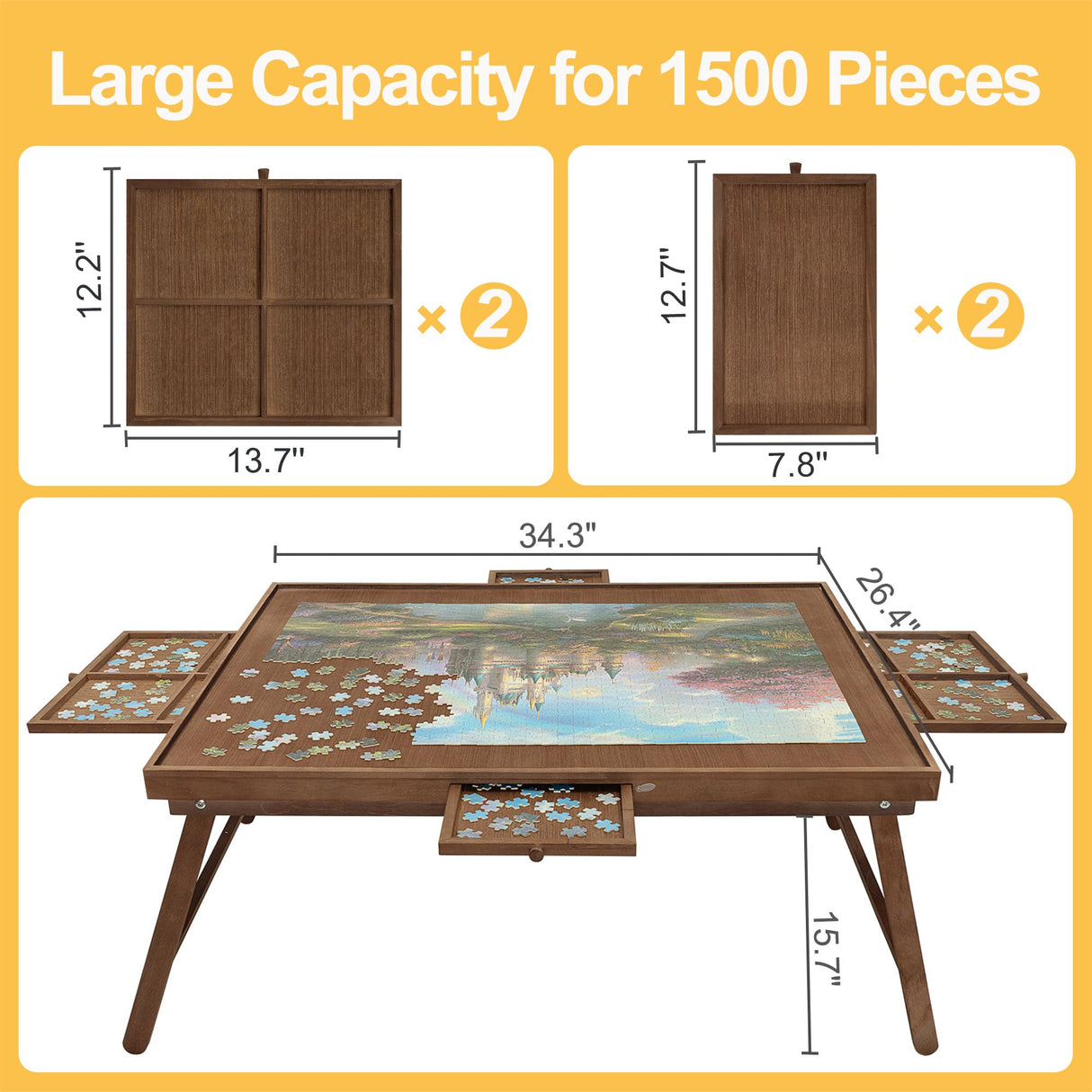 HALLYBEE Puzzle Table 1500 Pieces Wooden Puzzle Board with Legs, 34.3”x 26.5” Jigsaw Board with 4 Drawers and Cover, Foldable Leg Jigsaw Table for Adults Cho Brown HALLYBEE