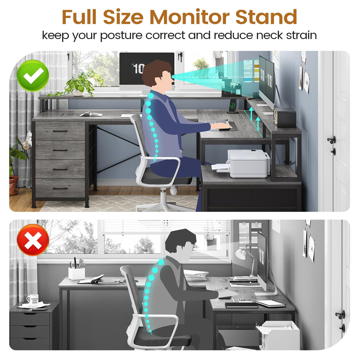 SEDETA L Shaped Desk with 6 Drawer, 108" Home Office Desk with File Drawer & Power Outlet, Corner Computer Desk with Monitor Shelf, Two Person Desk, Gaming Desk with Led Lights, Grey SEDETA