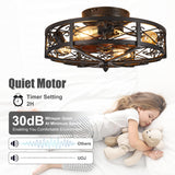 jarensen Rustic Black Caged Flush Mount Ceiling Fans with Lights and Remote Vintage Low Profile Bladeless Ceiling Fan, Reversible Motor, E26 Bulbs, 6 Speeds,for Farmhouse, Living Room, and Bedroom jarensen