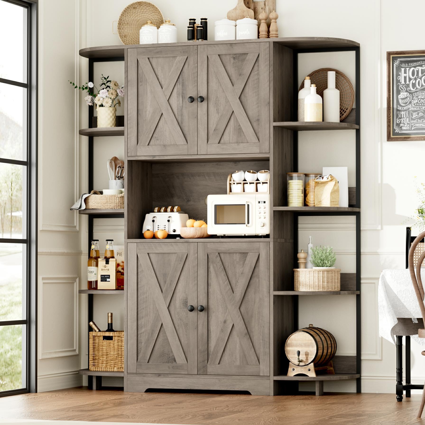 HITHOS 70" Industrial Kitchen Pantry Cabinet with Adjustable Shelves and Microwave Stand in Ash Gray - WoodArtSupply