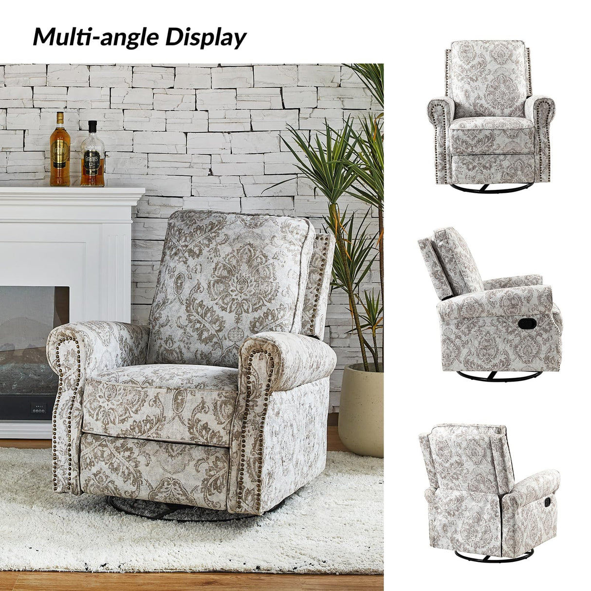 HULALA Home Swivel Rocker Recliner Set of 2, Modern Printed Fabric Swivel Recliner Chair for Adults Glider with Adjustable Backrest & Footrest, Beige HULALA HOME
