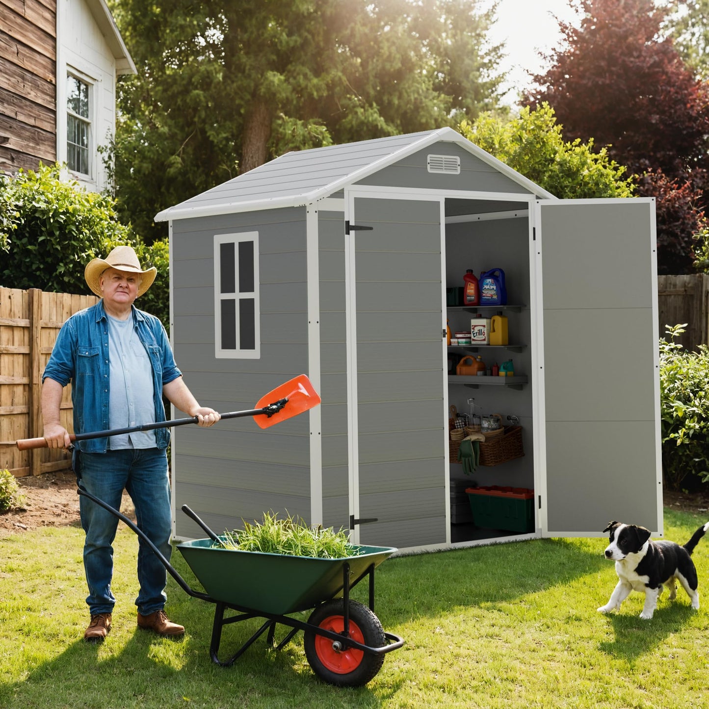 Greesum Outdoor Storage Shed 6X4FT All-Weather Resin Tool Room with Floor for Garden,Backyard,Pool Tool, Light Grey