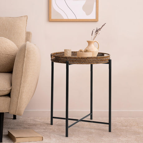Small Wicker Round End Table, 16.5 in Rattan End Tables with Removable Tray, Waterproof Sofa Coffee Side Table, Indoor Outdoor Side Tables for Patio, Living Room Bedroom Office DINGTAI