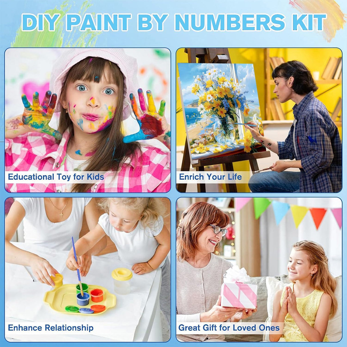 YarnWhimsy Flower Paint by Numbers Kit for Adults,Adult Paint by Number Kits on Canvas,Flowers Paint by Numbers DIY Acrylic Oil Painting Perfect for Gift Home Wall Decor(16x16inch) YarnWhimsy