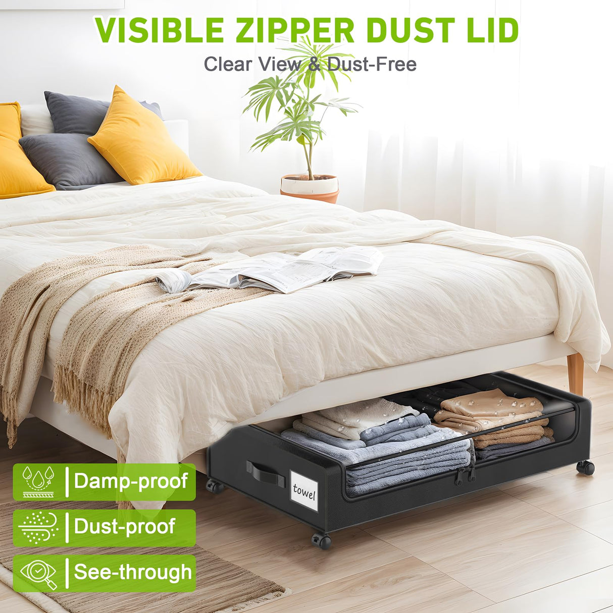 YAASHEEN Under Bed Storage with Wheels, 4-Pack Under the Bed Storage Containers with Clear Lids & Label, Underbed Storage Bins, XXL 60L Rolling Metal Drawer for Clothes, Shoes, Toys, Books - Black YAASHEEN