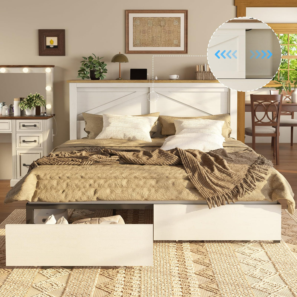 AMERLIFE King 47.2" H Bed Frame with Hidden Space Bookcase Headboard and Charging Station, Beds with 2 Storage Drawers and Wood Slats, No Box Spring Needed, White & Barnwood AMERLIFE