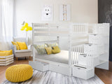 Bedz King Stairway Bunk Beds Full over Full with 4 Drawers in the Steps and 2 Under Bed Drawers, White Bedz King
