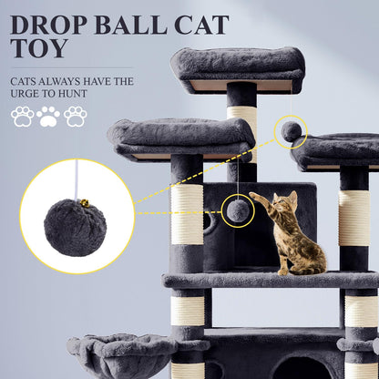 Allewie 68 Inches Cat Tree House with Condo, Scratching Post, and Multi-Level Towers for Cats - Smokey Grey