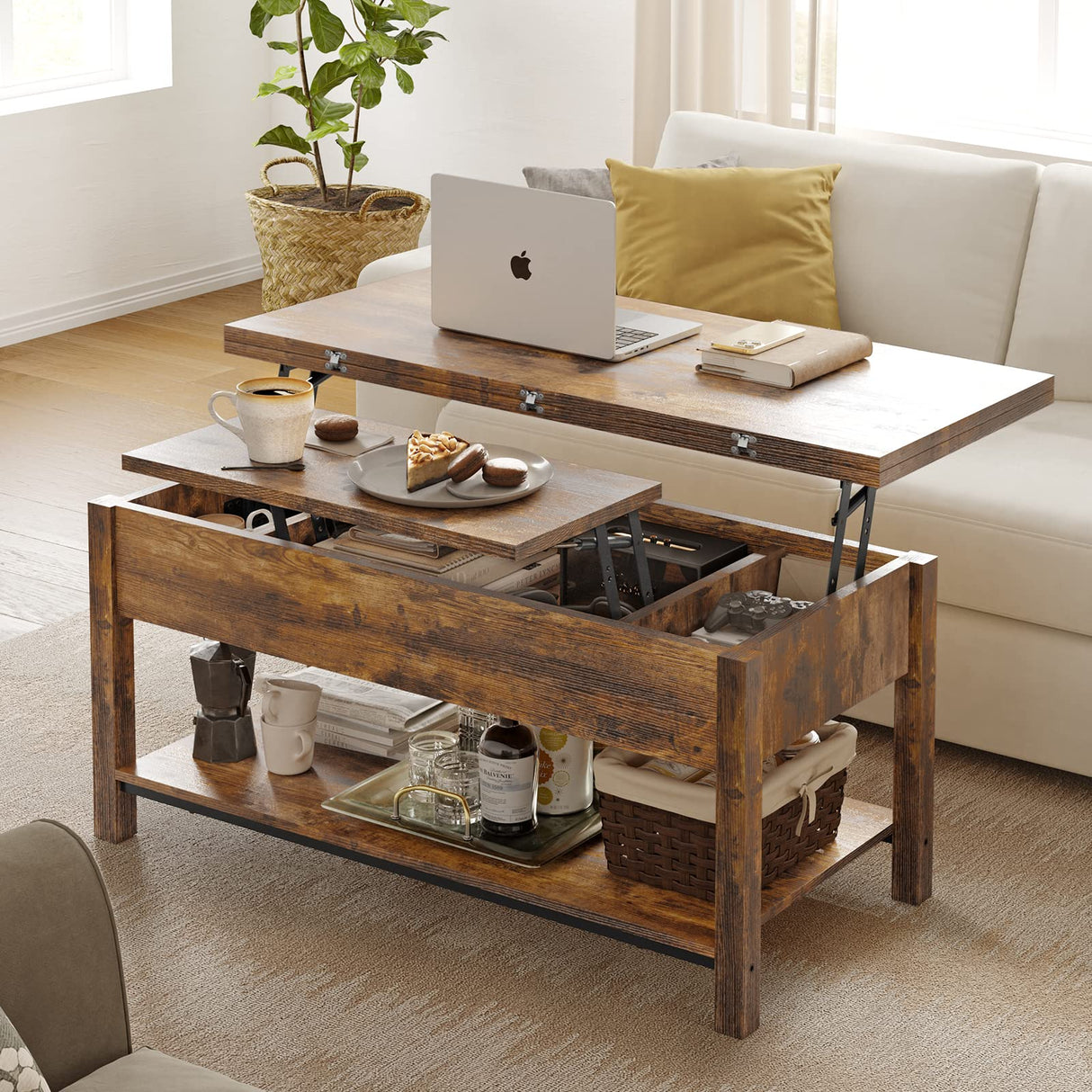 FABATO Lift Top Coffee Table, 4-in-1 Multi-Function Convertible Coffee Table with Storage, Coffee Table Converts to Dining Table for Living Room Reception Room Office, Rustic Brown, 41.73*19.29*18.3 FABATO