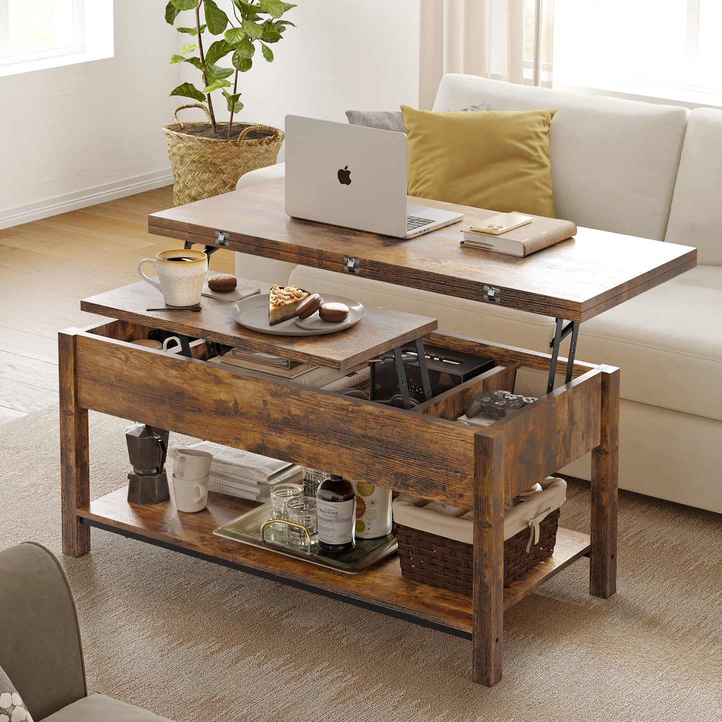 FABATO Lift Top Coffee Table, 4-in-1 Multi-Function Convertible Coffee Table with Storage, Coffee Table Converts to Dining Table for Living Room Reception Room Office, Rustic Brown, 41.73*19. - WoodArtSupply