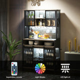 QNICE 71" Dark Rustic Oak Industrial Kitchen Hutch with Sliding Barn Door and LED Lights QNICE