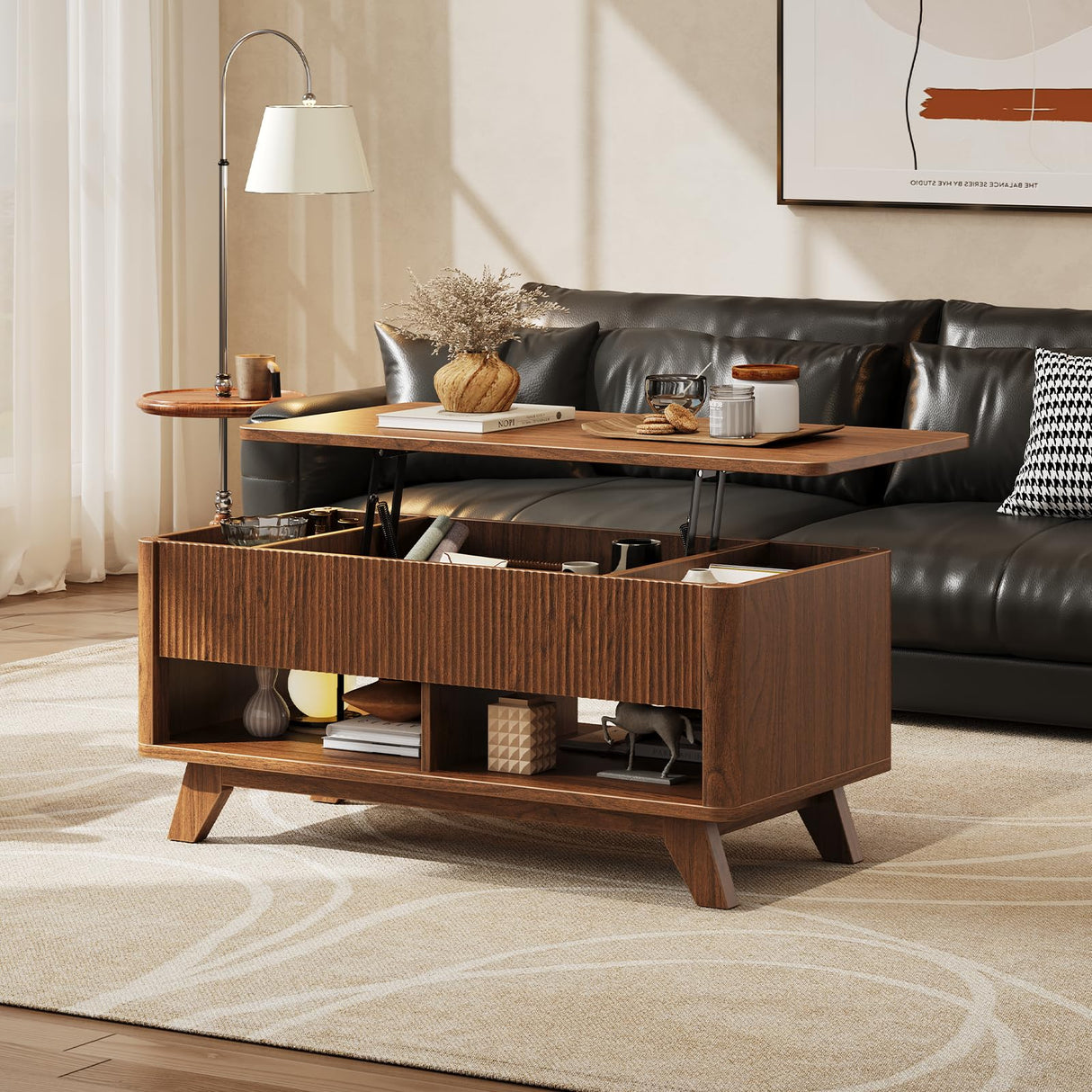 ONBRILL Farmhouse Lift Top Coffee Table, Mid Century Modern Coffee Table with Hidden Storage Compartment, Fluted Rising Pull up Wood Modern Center for Living Room, Office, Walnut ONBRILL