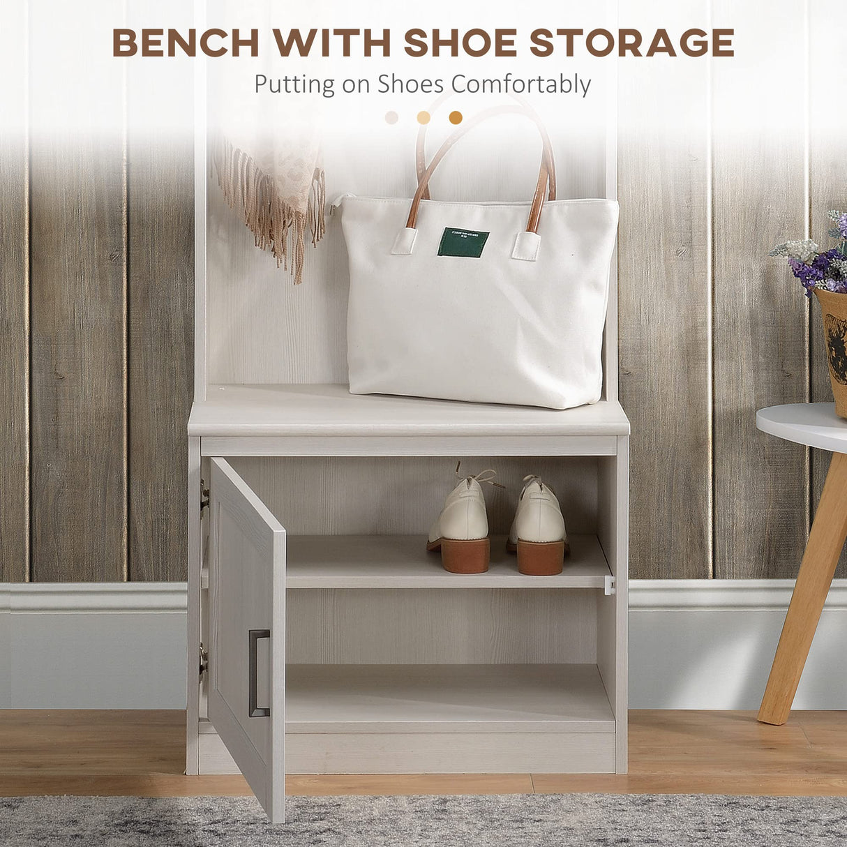 HOMCOM Narrow Hall Tree with Shoe Storage Bench, Rustic Entryway Bench with Coat Rack, Accent Coat Tree with Storage Shelves for Hallway, Mudroom, White Wood Grain HOMCOM