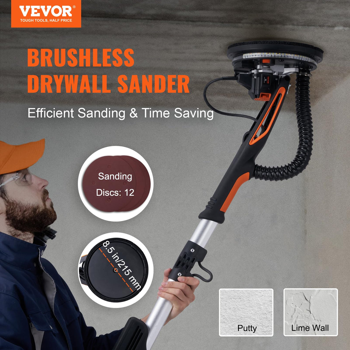 VEVOR Drywall Sander, 800W Brushless Motor Electric Sander, Variable Speed 1000-2300 RPM Wall Sander, Foldable Ceiling Sander with Double-Deck LED Lights, Extendable Handle, 12 Sanding Discs VEVOR