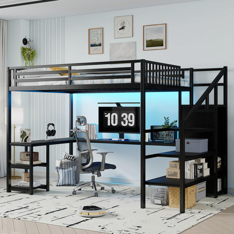 Queen Size Loft Bed with Desk and Stairs, Gaming Loft Bed with RGB LED Light and Storage, Heavy-Duty Metal Loft Beds Frame with Wardrobe, Shelves and Charging Station for Adults Kids Teens, Black Mirightone
