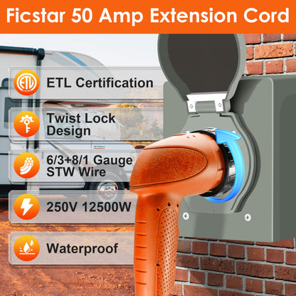 Ficstar 50 Amp RV Extension Cord 25 ft, Heavy Duty 6/3+8/1 SJTW AWG RV Power Cord with Grip Handle Twist Lock, NEMA 14-50P to SS2-50R with Polarity Lamp - WoodArtSupply