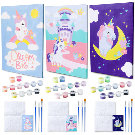 BONNYCO Paint by Numbers Kit for Kids Unicorns Pack 3 Canvas Paint by Number Canvas Framed Pre Drawn, Unicorn Gifts for Girls | Arts and Kids Crafts 4-6 8-12, Pintar por Numeros | Unicorn Craft BONNYCO