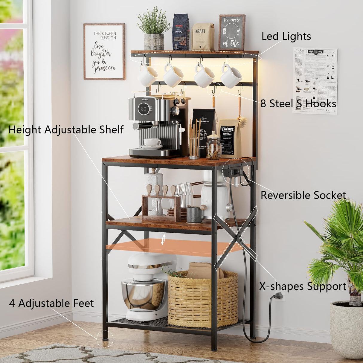 Kitchen Bakers Rack with Power Outlet & LED Lights, Small Coffee Bar Table with Adjustable Storage Shelf, 4 Tiers Microwave Stand with 8 Hooks, Coffee Station for Appliance Organizer, Rustic Brown Korfile