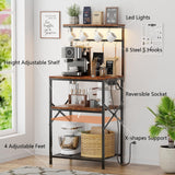 Kitchen Bakers Rack with Power Outlet & LED Lights, Small Coffee Bar Table with Adjustable Storage Shelf, 4 Tiers Microwave Stand with 8 Hooks, Coffee Station for Appliance Organizer, Rustic Brown Korfile