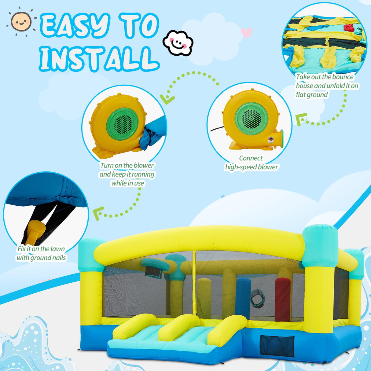 HOMMOW Big Bounce House,15 x 14.8 FT Inflatable Bounce Castle for Kids 3-12,Outdoor/Indoor Bouncy House with Blower,Slides,Obstacles,Trampolines,Basketball Hoop HOMMOW