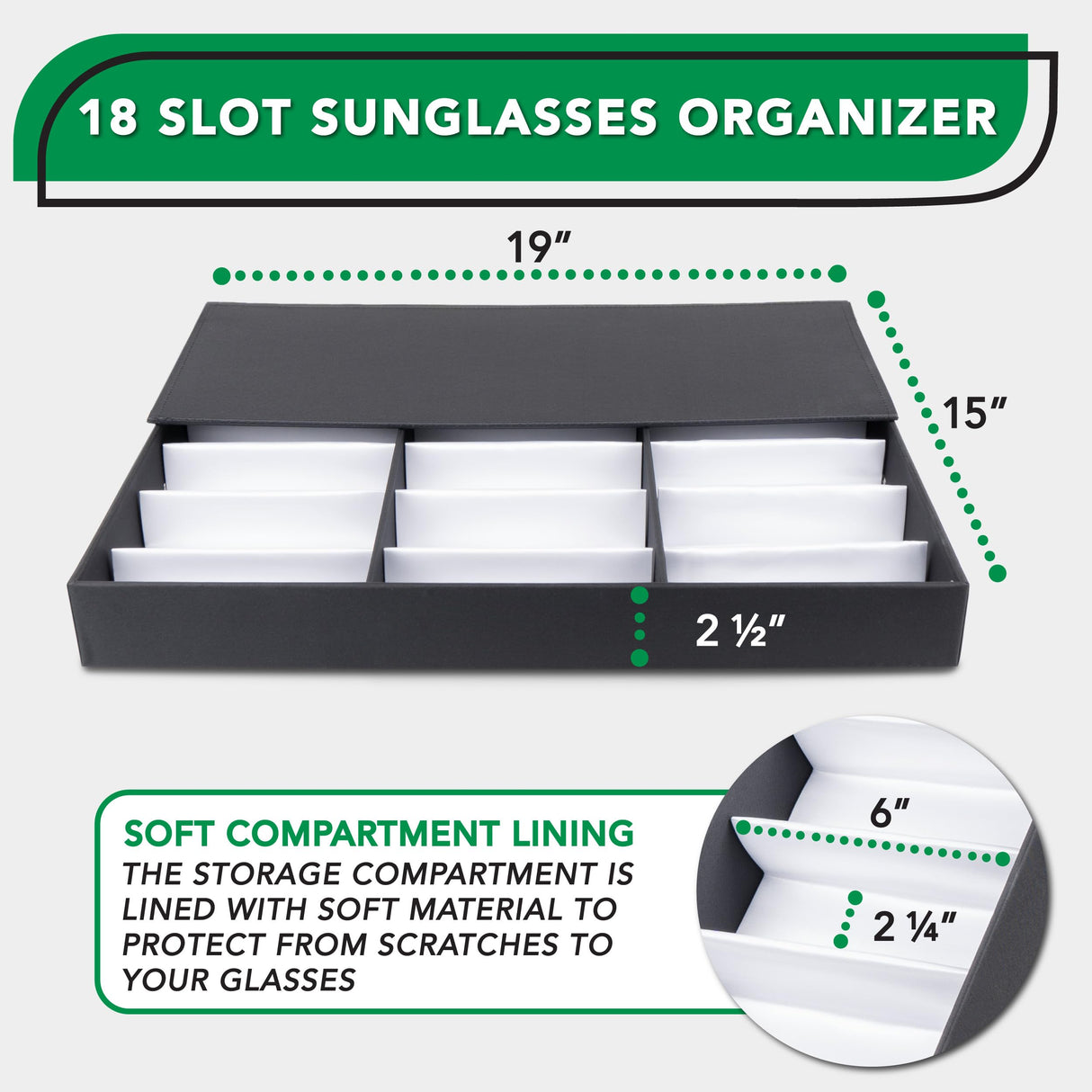 ProSource 18 Slot Sunglasses Organizer Box Stand Display Case/Tray, Fabric Lined & Snap Close ProSource